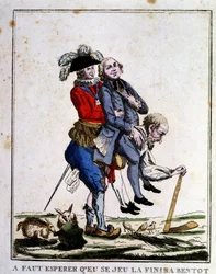 Spotprent op belasting vóór de Revolutie: Geestelijkheid en Adel leven op de rug van de Derde Stand, circa 1789