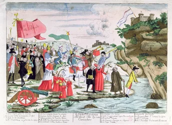 Spotprent die de Franse geestelijkheid en aristocraten belachelijk maakt die tijdens de Revolutie naar Duitsland vluchtten, ca. 1792