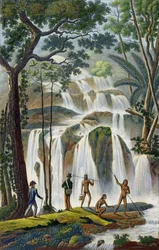 Waterval van Port Praslin, Nieuw-Ierland, uit Voyage autour du Monde, uitgevoerd in opdracht van de koning op La Corvette de Sa Majeste, La Coquille tijdens de jaren 1822, 1823, 1824 en 1825, door Louis Isidore Dup
