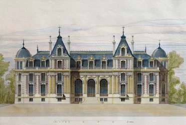 Kasteel van Neuflize, eigendom van de gebroeders Pate, tuinzijde, illustratie uit Le Moniteur des architectes, 1884, gegraveerd door F. Penel