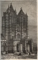 Kathedraal Notre-Dame de Noyon in de Oise, Picardië - gravure in 