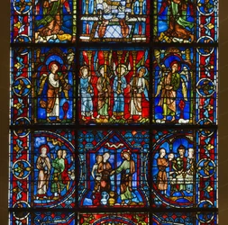 Kathedraal van Chartres, glas-in-lood: Onze-Lieve-Vrouw van het mooie glas met daaronder het openbare leven van Christus, detail centrum