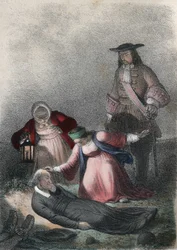 Catharina I van Rusland (Marta Elena Skavronska, later Marfa Samuilovna Skavronskaya) - Catharina I (1684 - 1727), als kind, vindt Pastor Skovronski, de pastoor die haar opvoedde, stervend tussen de doden van Mariembourg, een stad die door de Russen werd b