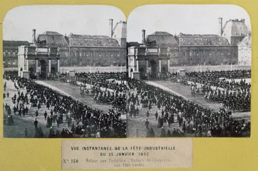 Viering van de industrie bij de Tuilerieën, Place du Carrousel, Parijs, stereoscopisch beeld, 25 januari 1863