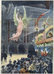 Eeuwfeest van de geboorte van de Franse schrijver Victor Hugo (1802-1885): de geest van Roem daalt neer op het huis van de dichter, Place des Vosges in Parijs, in 