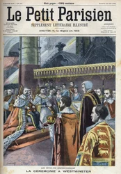 Kroningsceremonie in Westminster: koning Edward VII (1841-1910) en Alexandra van Denemarken (1844-1925), in ‘Le Petit Parisien’