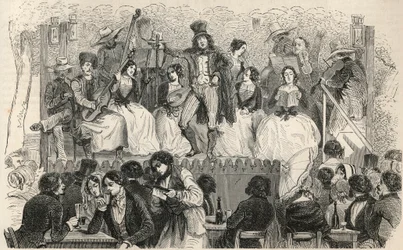 Champs-Elysees - Zangers voor het café Morel - Gravure in "Tableau-de-Paris" door Edmond Texier 1852