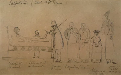 Charcot ontworpen door een van zijn studenten. Van links naar rechts: patiënt Genevieve in een dwangbuis, dokter Desire Magloire Bourneville met een thermometer, Jean Martin Charcot, Raymond en Brissaud, Me Tirperme en Charles Fere. Heilige Koningin Kamer,