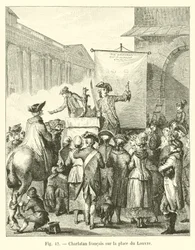 Franse charlatan op het plein van het Louvre