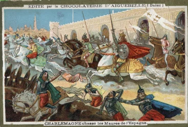 Karel de Grote (742-814) verdrijft de Moren uit Spanje. Chromolithografie uit de 19e eeuw.