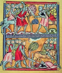 Karel de Grote en zijn paladijnen in gevecht tegen de Saracenen, miniatuur uit 