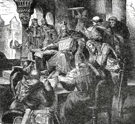 Karel de Grote met leerlingen en leraren van zijn Paleisschool in Aken, c.1890