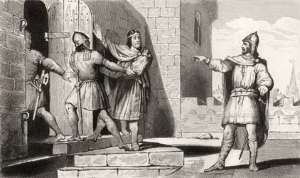 Karel III (879-929) de Eenvoudige gevangen genomen door een van zijn soldaten, uit 
