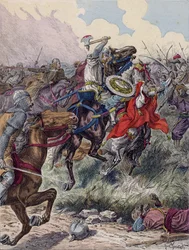 Karel Martel bij de Slag van Poitiers, 732 (kleurenlitho)