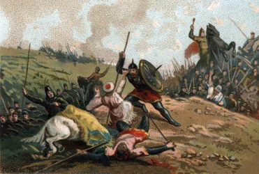 Karel Martel hield de invasie tegen en doodde de legerleider, Abd al-Rahman I of Abderamane I (Abd al-Rahman) (731-788), leider van de Saracenen. Chromolithografie omstreeks 1890.