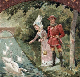 Karel VII (1403-1461) met zijn favoriete, Agnes Sorel (bekend als de Dame van Beaute sur Marne (Beaute-sur-Marne) (1422-1450) die zwanen voedt in het park van het kasteel van Savigny sur Orge (Savigny-sur-Orge). Chromolithografie van het einde van de 19e e