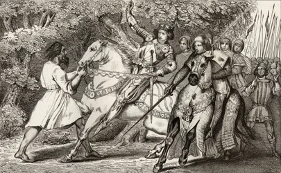 Charles VI (1368-1412) de Krankzinnige wordt gewaarschuwd voor een hinderlaag in het bos bij Angers, uit 