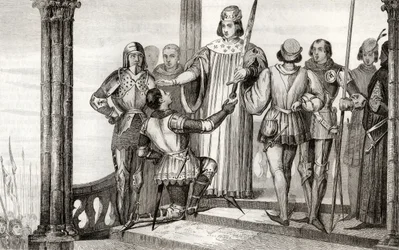 Karel V (1358-80) de Wijze overhandigt zijn zwaard aan Duguesdin, uit 