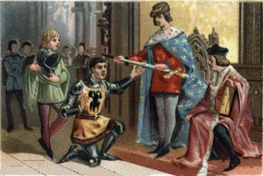 Karel V de Wijze (1338-1380) overhandigt plechtig de speer van de connetable Bertrand du Guesclin (1320-1380).