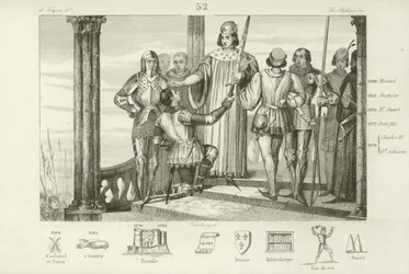 Karel V van Frankrijk biedt Bertrand Duguesclin het zwaard van Constable van Frankrijk aan