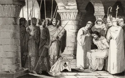 Childeric III wordt afgezet en naar een klooster gestuurd, uit 