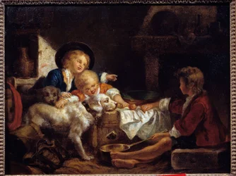 Kinderen Drie jonge kinderen en twee honden in een schuur. Schilderij van de Franse School. 18e eeuw Privécollectie