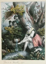 Kinderen bespioneren een jong meisje dat haar voeten wast in een beekje, ca. 1840