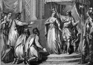 Chilperic I (ca. 539-584), koning van Neustrië, kroonde zijn vrouw, Fredegonde (545-597), koningin van het koninkrijk, in 568. Gravure uit de 18e eeuw.