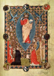 Christus in Majesteit met Heiligen, uit het Pontificale van Bisschop Pierre de la Jugie, 1350