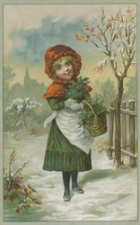 Kerstscène met meisje dat hulst verzamelt