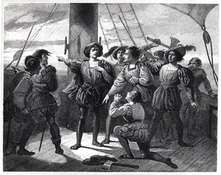 Christoffel Columbus (1450-1506) die zijn bemanning bang maakt
