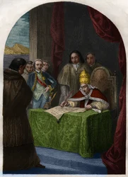 Clemens XIV (Clemente of Clemens) (1705-1774) schaft de Sociëteit van Jezus af op 21 juli 1773. Gravure uit 1842 in “Histoire des popes: crimes, murders, poisonings, parricides, adulteres, incest...” door Maurice Lachatre. Privécollectie.