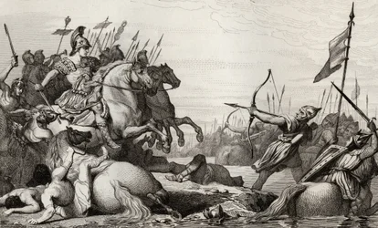 Clodion, de Harige (ca. 428-47) trekt zich terug over de brug na zijn nederlaag door Aetius, uit 