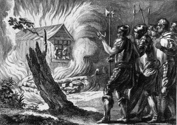 Clotaire I (497-561), koning van de Franken, liet zijn zoon Chramne verbranden in een hut, die tegen hem en zijn familie in opstand kwam. Rond 560. Gravure van de 18e eeuw.
