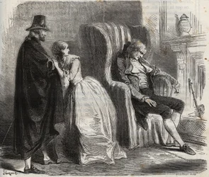 Clotilde Sprengel en Zacharie Bergmann kijken naar de Duitse dokter Petrus Schultz die slaapt voor de 18e eeuw. Gravure uit 1871 in 