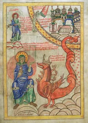 Cod. Guelf. 1 Gud. lat. (14v), De Hoer van Babylon, Moeder van de Gruwelen, ontmoet het Beest van de Apocalyps, uit Liber Floridus van Lambert van Sint-Omaars, ca. 1120