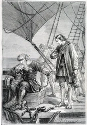 Columbus gebonden als een schurk (op scheepsdek), ill. Ontdekking van de Aarde door Jules Verne, ed. Hetzel, 19e eeuw