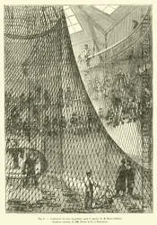 Fabricage van het net van de stoomballon van M Henri Giffard, Centrale touwslagerij van MM Fretet en Co, in Vincennes