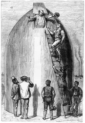 Constructie van een Raket, illustratie uit Van de Aarde naar de Maan door Jules Verne (1828-1905) Parijs, Hetzel, gepubliceerd in 1865