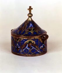 Container voor heilige olie in email. Limoges