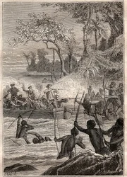 Reis van Philip Carteret naar de eilanden van Santa Cruz, met name het eiland Nendo in 1767 - illustratie uit 