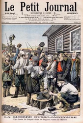 Gevangenen in Siberië die worden gerekruteerd om te vechten in de Russisch-Japanse Oorlog. Illustratie voor Le petit Journal, 27 augustus 1905.