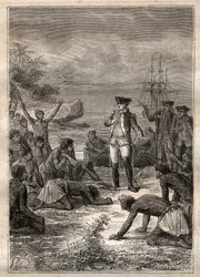 Ontvangst van Cook door de inboorlingen - Derde reis van James Cook - Cook verwelkomd door de inboorlingen - Derde reis van James Cook in de Stille Oceaan - illustratie uit 