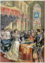 Kroning van koningin Wilhelmina der Nederlanden. Kroning van koningin Wilhelmina van Holland (1880-1962) (Wilhelmina Helena Pauline Maria van Oranje-Nassau) in de Nieuwe Kerk in Amsterdam - Illustratie voor Le Petit Journal