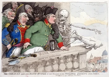 Corsica en zijn bloeddorstige kijk op Parijs door het raam van de Tuilerieën - in "Napoleon I", karikaturen, dummy collectie, c. 1814-1815