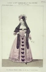 Kostuum voor Mademoiselle Dorus in de Rol van Donna Elvira in Don Giovanni, gegraveerd door Maleuvre, gedrukt door Hautecoeur-Martinet