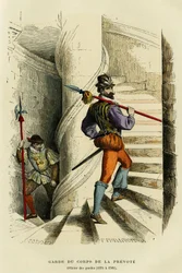 Kostuum van de lijfwacht van de prevote, gevolgd door een officier van de wacht (1574 tot 1589). Kleuren gravure, in 