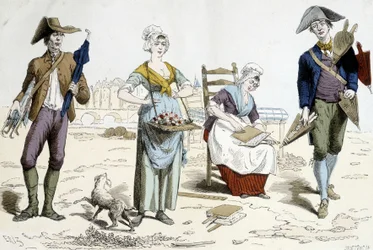 Kostuums van Parijs door de eeuwen heen. Illustratie van 18e-eeuwse kleding: parapluverkoper, bloemen, matras karton en blaasbalgverkoper.