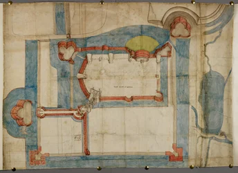 Een gekleurd plan van het Kasteel van Guînes rond 1540