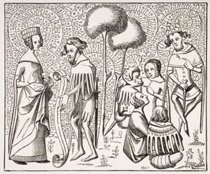 Hof van Liefde in Provence, naar een 14e-eeuws manuscript, uit Le Moyen Age et La Renaissance door Paul Lacroix (1806-84) gepubliceerd in 1847